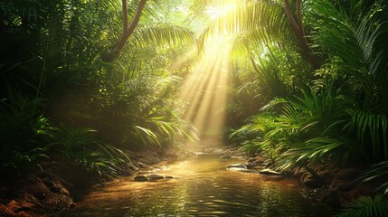 Serene Tropical River with Sunlight Through Foliage