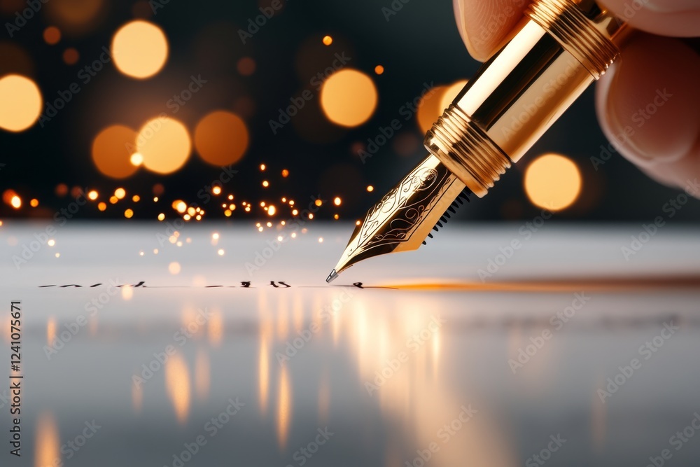 Poster a hyper-realistic close-up of a person hand signing a mortgage document with a golden pen, with fine