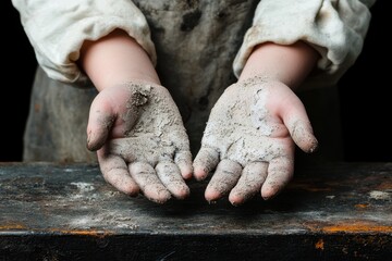 A hyper-realistic close-up of a child small hands reaching out for food, with intricate details of dirt-stained fingers and the deep texture of the skin