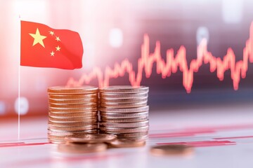 The image depicts stacks of coins in front of the Chinese flag, with a rising graph in the background, symbolizing economic growth and financial trends in China.