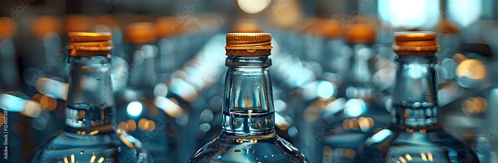 Poster glass bottles with metal caps in rows creating depth perspective with blurred bokeh lights and blue 