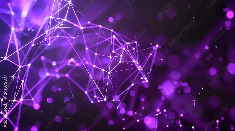 Poster glowing purple network connections with geometric lines and dots forming abstract digital mesh patte