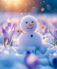 Obraz premium A little snowman standing with the crocuses blooming around him under the spring sunlight. First flowers in springtime.