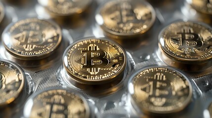 Golden cryptocurrency coins arranged in rows showing digital currency symbol, glowing with metallic luster against blurred background. For finance and investment concepts.