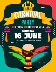 a poster for a carnival party with a yellow and black background with a colorful feathered band