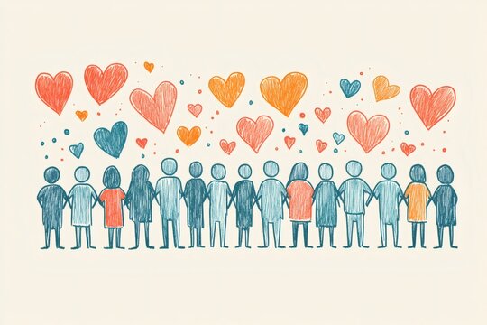Naklejki People holding hands with floating hearts showing love and unity