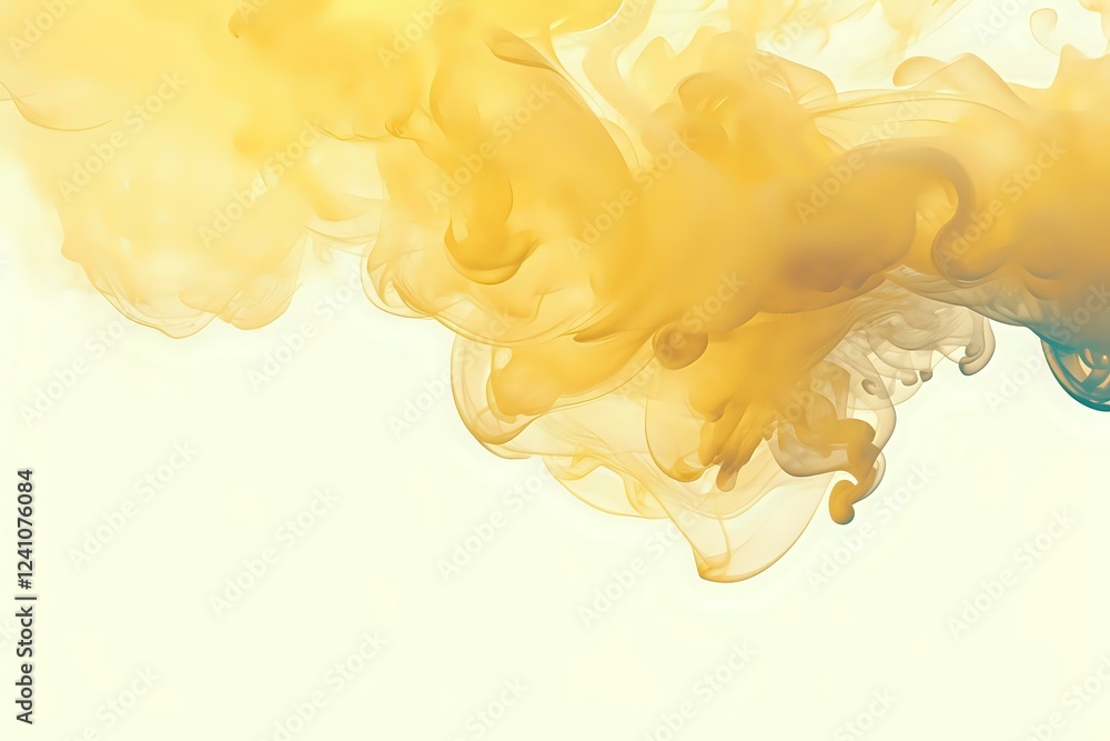 Poster yellow and turquoise ink swirls creating dynamic fluid art composition against light background, abs
