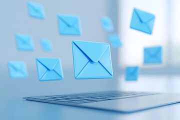 A visual representation of blue envelopes floating above a laptop, symbolizing digital communication and email exchange.