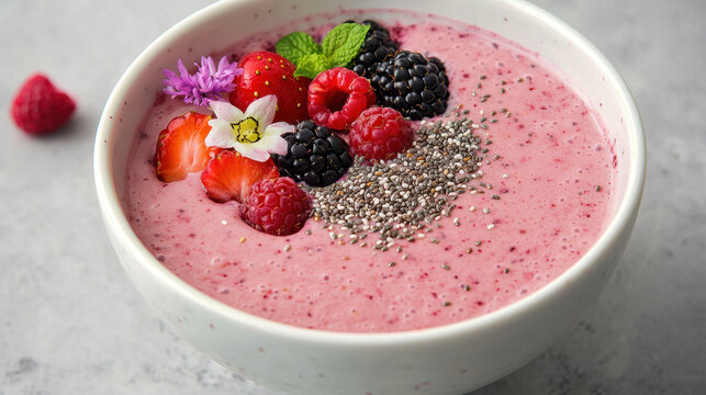 vibrant smoothie bowl topped with fresh berries and chia seeds