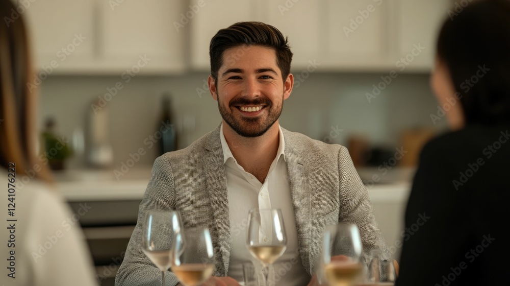 Poster smiling corporate agent or representative explaining a policy or service to a family seated at a coz