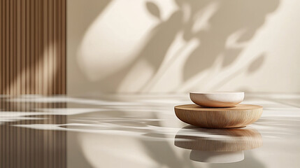 Minimalist eco-friendly product showcase with a wooden pedestal on a sleek reflective floor. Soft leaf shadows fall on the neutral background, enhancing the organic and calming aesthetic of the compos