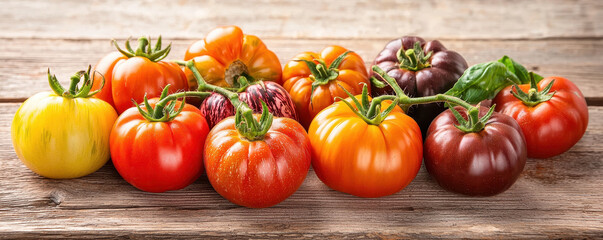 variety of colorful heirloom tomatoes on rustic wooden table