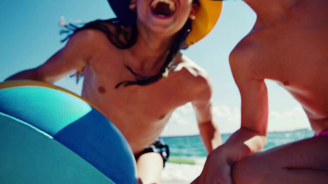 group of kids in beach hats and sunglasses laughing together, capturing the vacation spirit