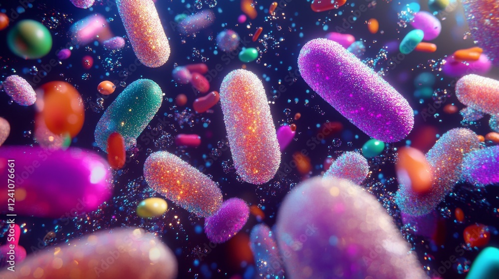 Poster colorful abstract representation of bacteria and microorganisms floating in space