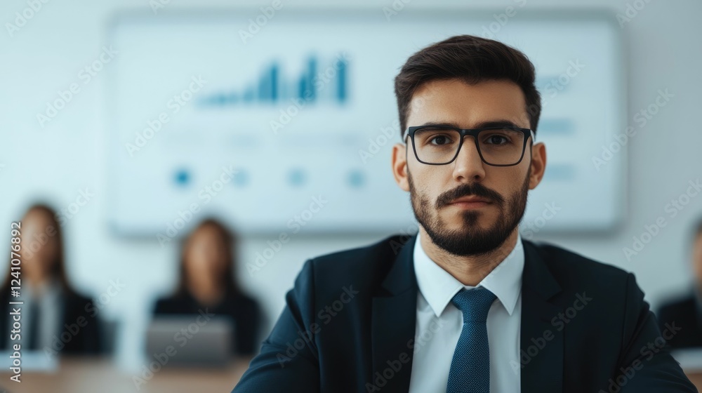 Poster insurance agent giving a professional presentation with data visualizations and analytics charts to 