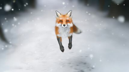 Fototapeta premium Fox Jumps Playfully Through Falling Snowflakes in a Serene Winter Forest Setting