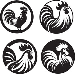 Black and white silhouette of a rooster inside a circle. Featuring the iconic crowing bird with its intricate comb, this minimalist design uses negative space for a clean, two-dimensional look