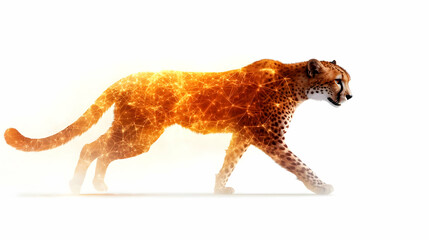 Obraz premium A fiery cheetah walking gracefully, showcasing strength and speed with a dynamic, vivid artistic design.