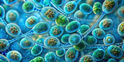 Microscopic view of cyanobacteria colony revealing intricate structures and vibrant blue pigmentation, microbe, microscopic image