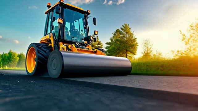 Road roller paving asphalt on sunny day with greenery in background