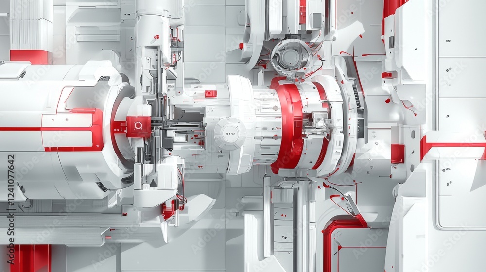 Poster abstract futuristic technology with white and red mechanical components showcasing intricate designs