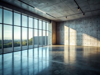 Fototapeta premium Empty Concrete Room, Large Window, Low Light, Industrial Interior, Architectural Photography