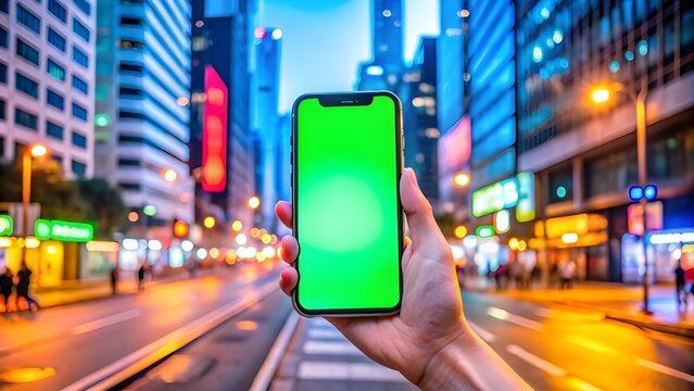 hand holding smartphone mockup with greenscreen in the city background.