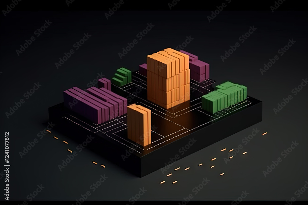 Poster 3D business graph with organized bars and information blocks. Abstract infographic element. Business growth and development to success concepts