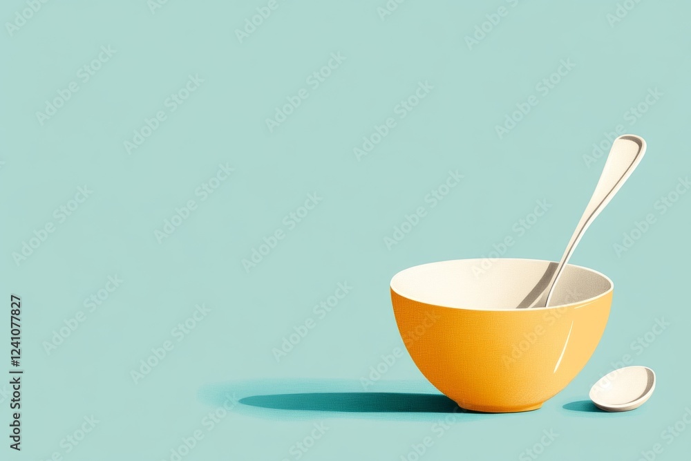 Poster a minimalist illustration of an empty bowl with a single spoon resting beside it, symbolizing hunger