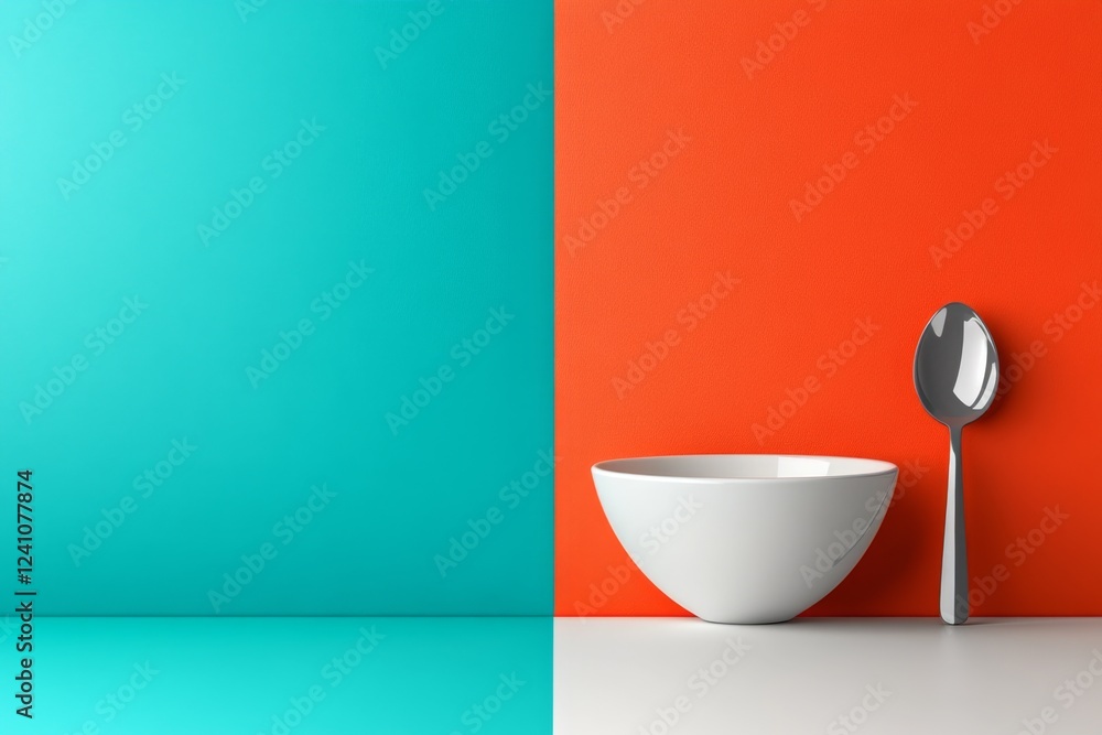 Poster a minimalist illustration of an empty bowl with a single spoon resting beside it, symbolizing hunger