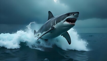 world wildlife day a great white shark leaps from the ocean waves beneath a stormy sky