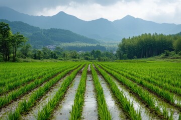 Lush green rice paddy fields stretching towards majestic mountains in rural japan