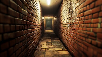 Dark, narrow brick corridor with light at the end.