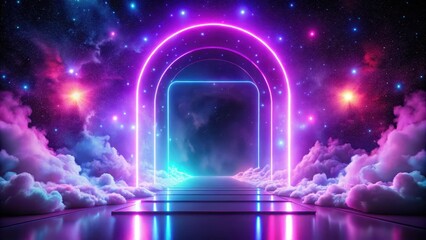 Futuristic glowing portal in dark space with purple clouds and stars, surrounded by neon lights, emitting a bright pink glow, space