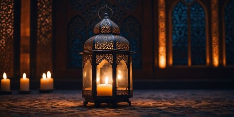 Intricately designed lantern casting warm light in an ornate setting with soft candle glow during evening hours