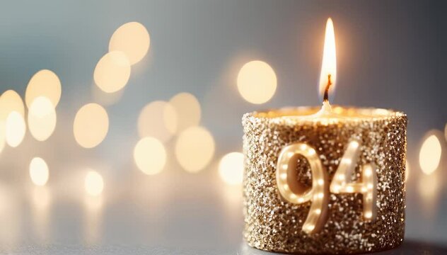 A Sparkling Birthday Candle with the Number 94 and Glowing Bokeh Background, Celebrating a Milestone Year's Special Occasion