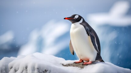 Fototapeta premium Gentoo Penguin in Antarctica: Profile of Majestic Bird in Snowy Habitat amid Nature's Subtle White Palette