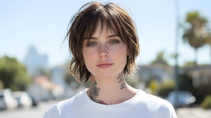 Young woman with short hair and tattoos in urban environment