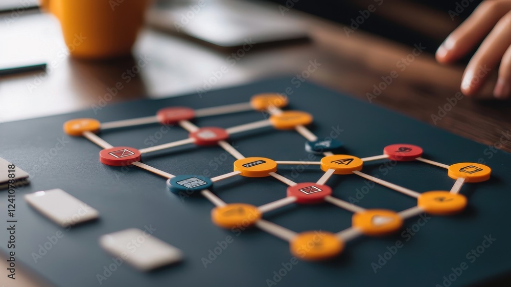 Poster a vibrant board game in play, featuring colorful tokens connected by lines on a dark surface, with a