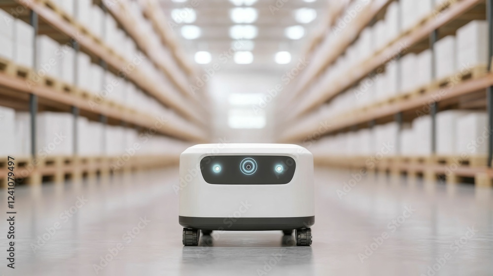 Poster autonomous mobile robots amrs transporting goods and cargo in a clean modern and high tech warehouse