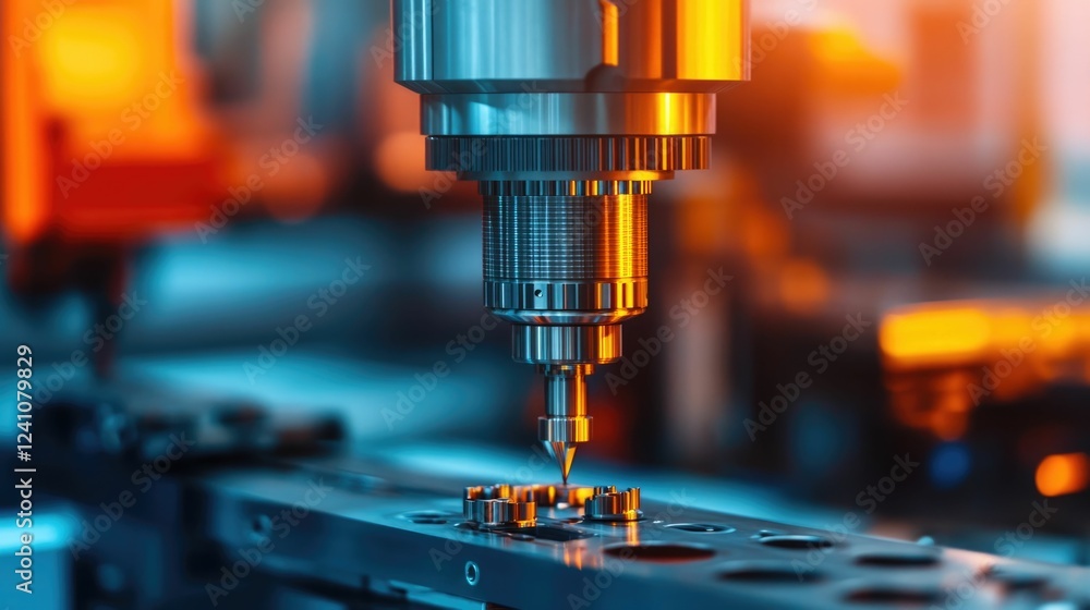Poster advanced cnc machine precisely crafting intricate metal components in a brightly lit futuristic manu