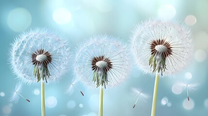 Obraz premium Delicate Dandelion Seed Heads Against Soft Blue Background