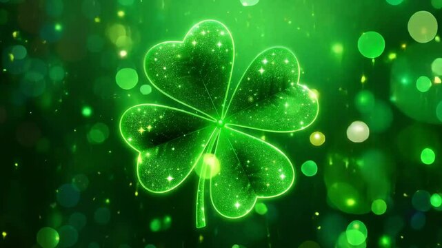 Bright green four leaf clover sparkling on a festive green background evokes the spirit of st. Patrick's day, motion backgound