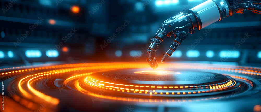 Poster a futuristic robotic hand interacts with high-tech glowing controls in a digital environment.