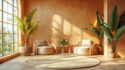 A tranquil workspace in soft peach tones, with pastel peach walls, light wood furniture, beige seating, golden lighting, and greenery creating 