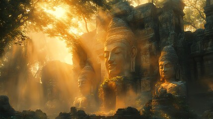 Sunrise illuminates ancient temple faces, jungle mist, Cambodia