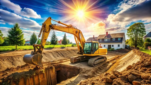 Excavator Digging Foundation Pit for House Construction - Rule of Thirds