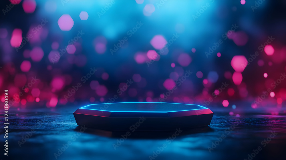 Poster a futuristic scene with a glowing octagonal platform against a colorful bokeh background creating a 
