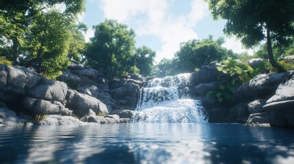 Naklejka premium Stunning Waterfall Creating Lush Vistas with Bright Light