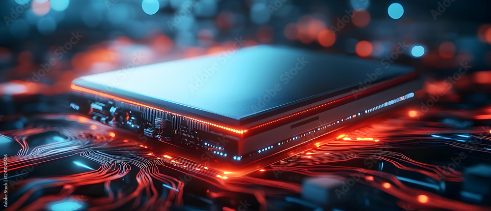 Poster a futuristic tablet device glowing against a network of circuits, symbolizing advanced technology an